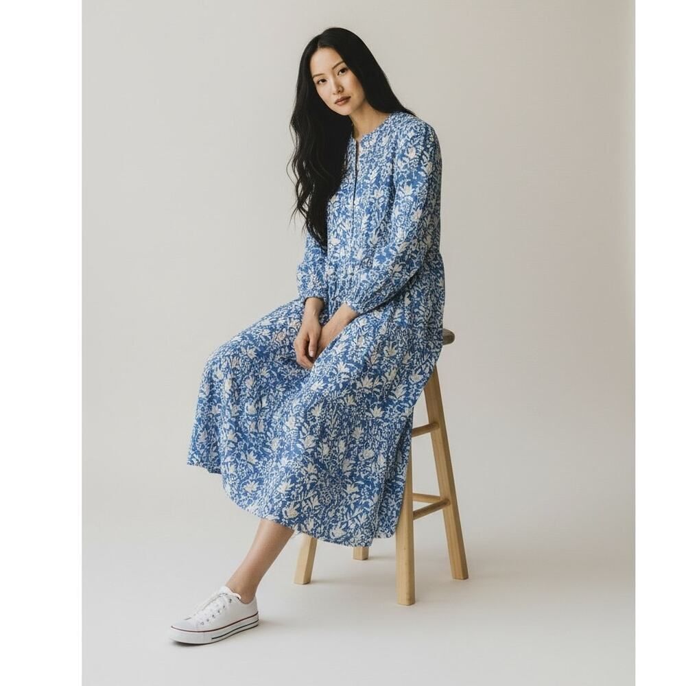 Madison Mathews Blue Floral Folly Midi Maxi Dress Sz. L